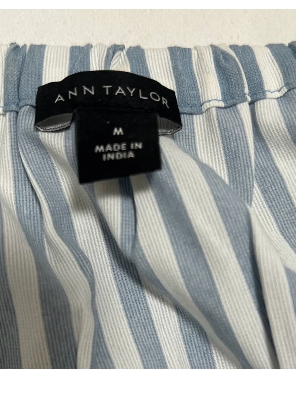 Ann Taylor Blue and White Striped Button-Front Puff Sleeve Top